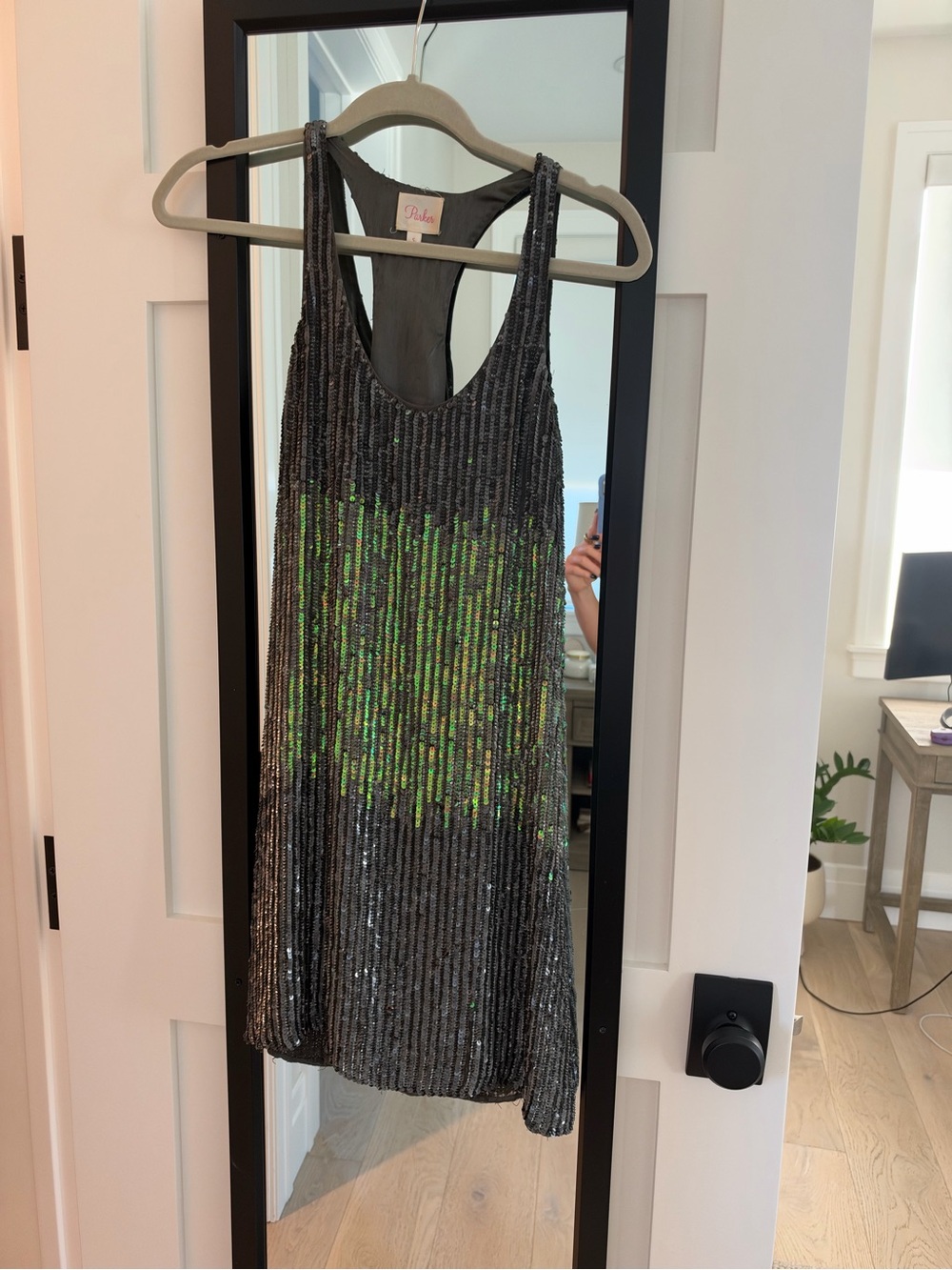 Parker Sequin Racerback Mini Dress Black & Green Small